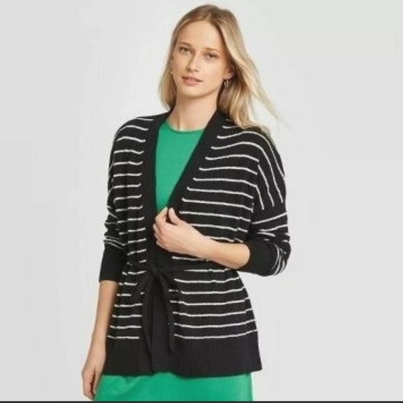 Women's Black/White Striped Cardigan - Picture 5 of 6